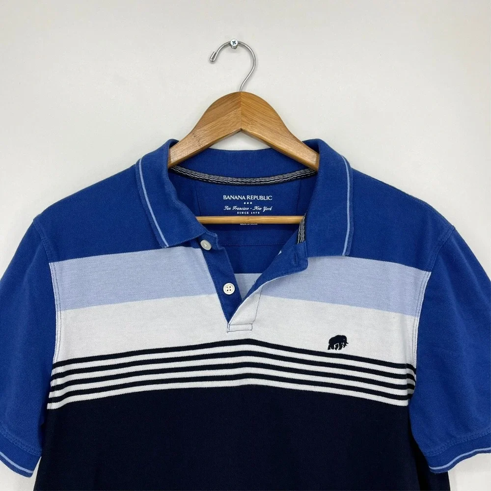 Banana Republic Polo Shirt Men's L Blue‎ Striped Logo Collared Cotton